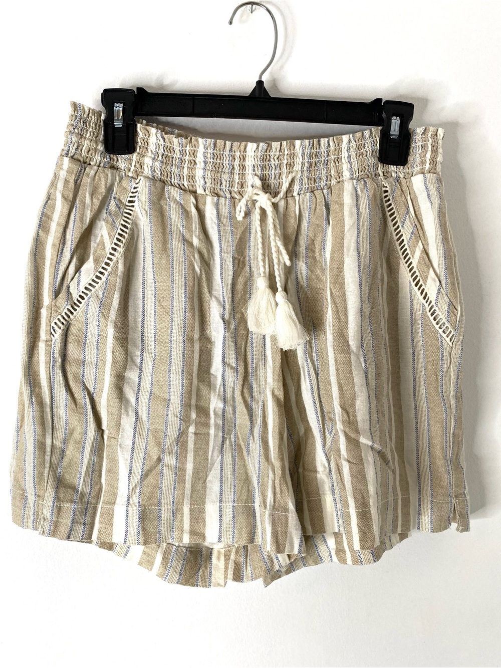 Briggs Linen Blend High Waist Striped Pants Tan White Blue Smocked Waist Tassel